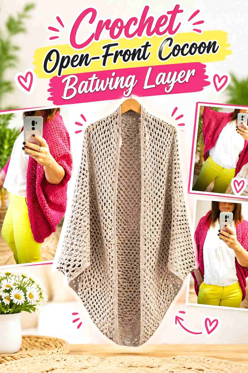 9. Crochet Open-Front Cocoon Batwing Layer
