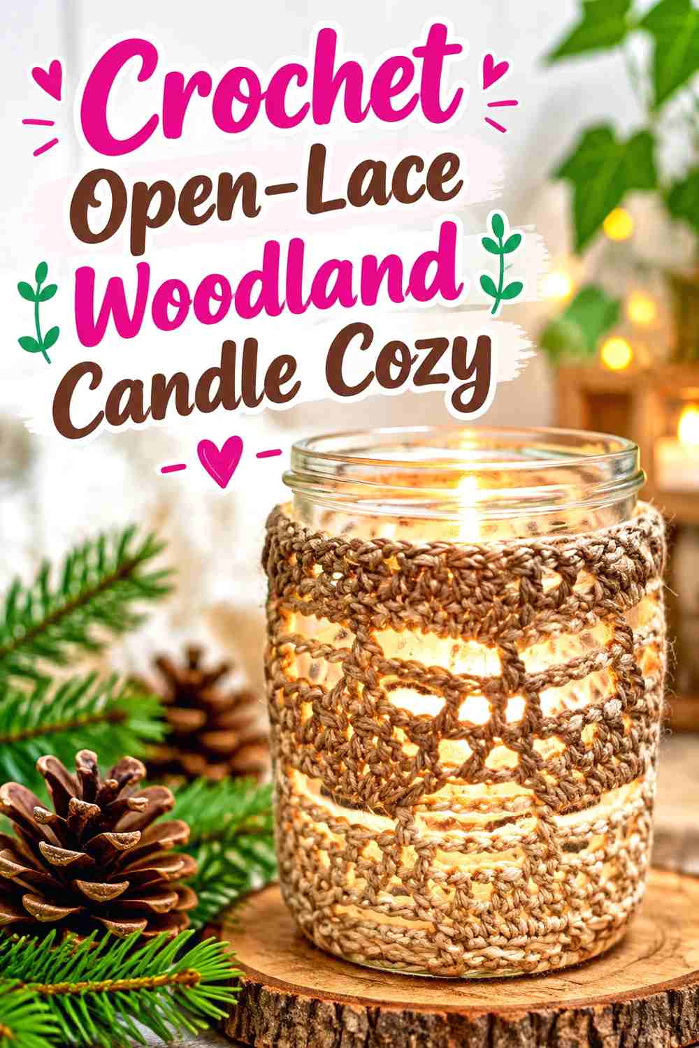 12. Crochet Open-Lace Woodland Candle Cozy
