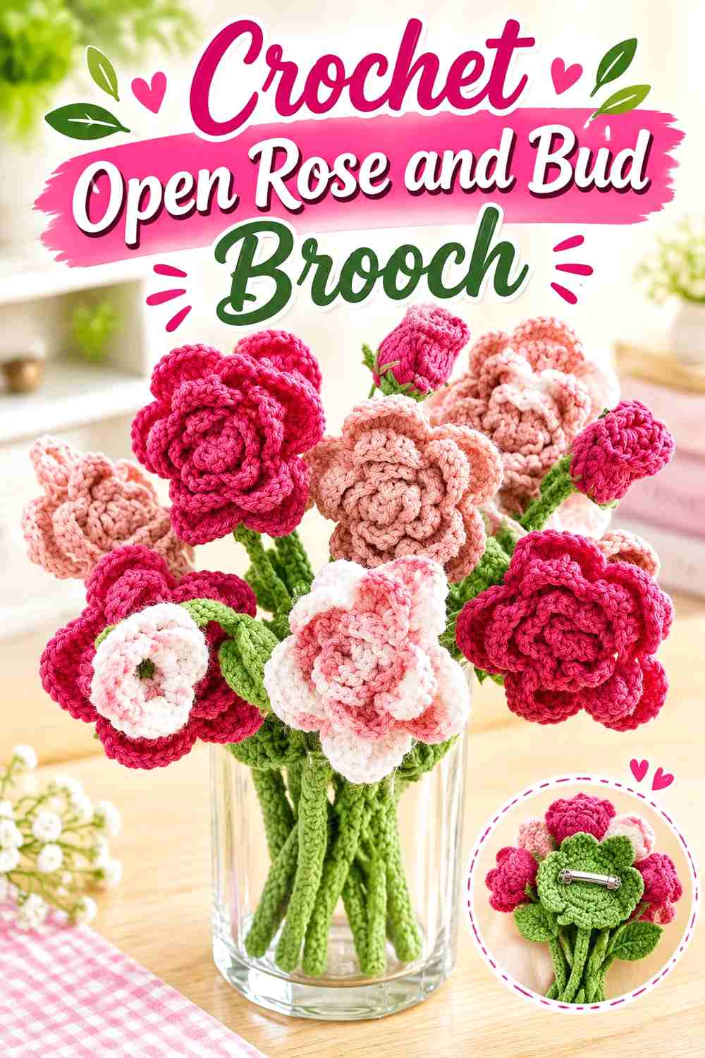 19. Crochet Open Rose and Bud Brooch