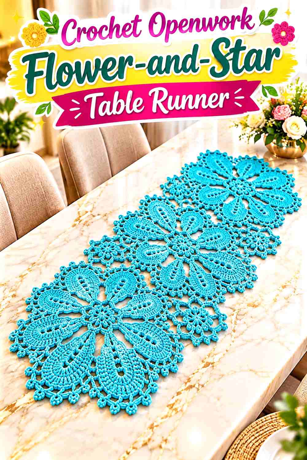 15. Crochet Openwork Flower-and-Star Table Runner