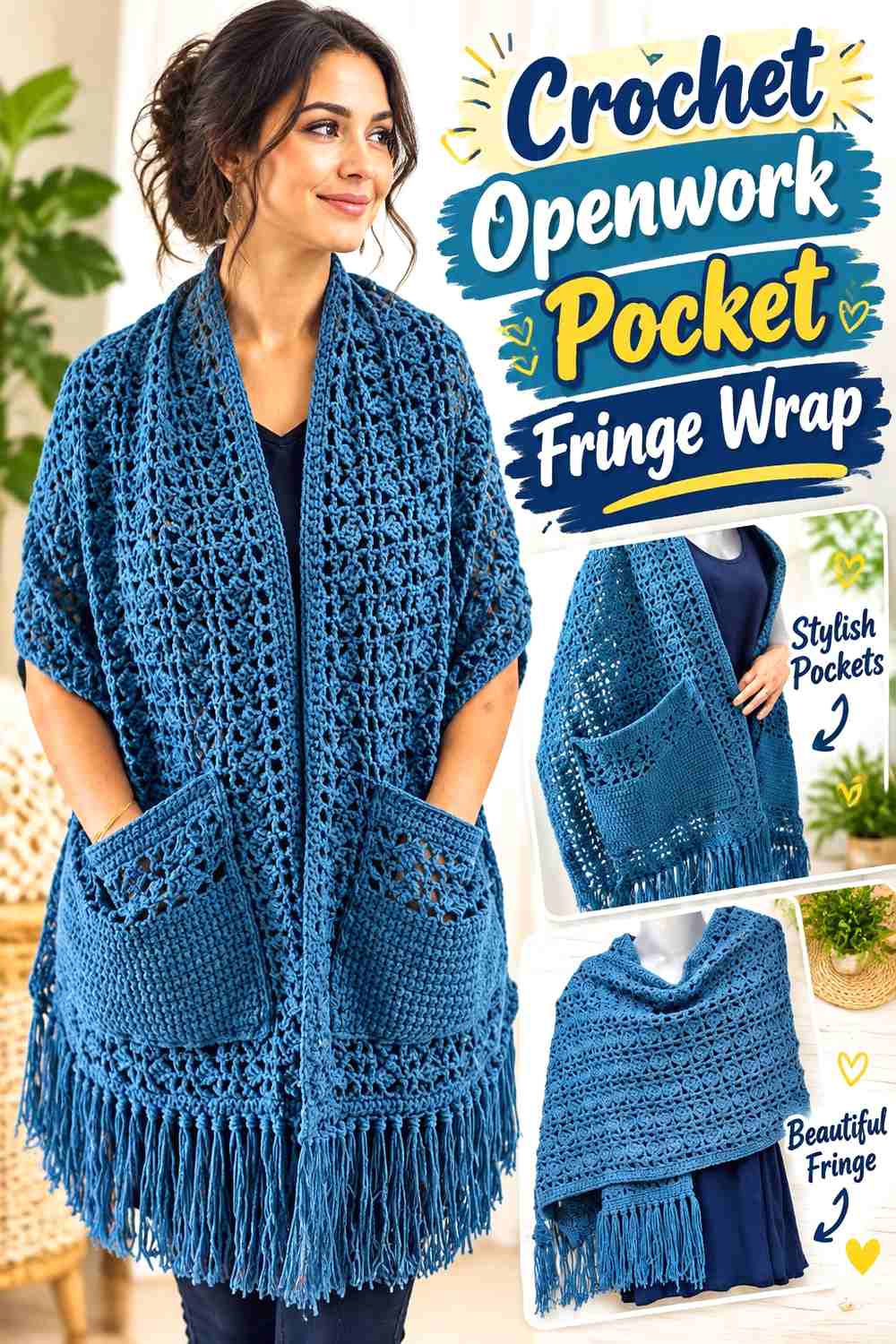 2. Crochet Openwork Pocket Fringe Wrap
