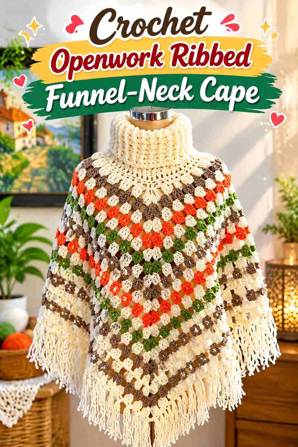 13. Crochet Openwork Ribbed Funnel-Neck Cape
