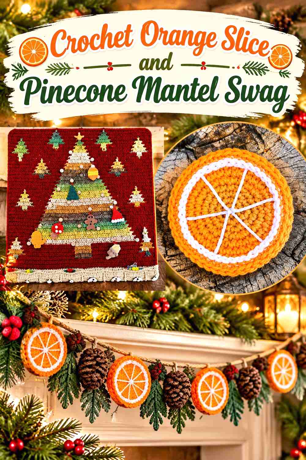 6. Crochet Orange Slice and Pinecone Mantel Swag