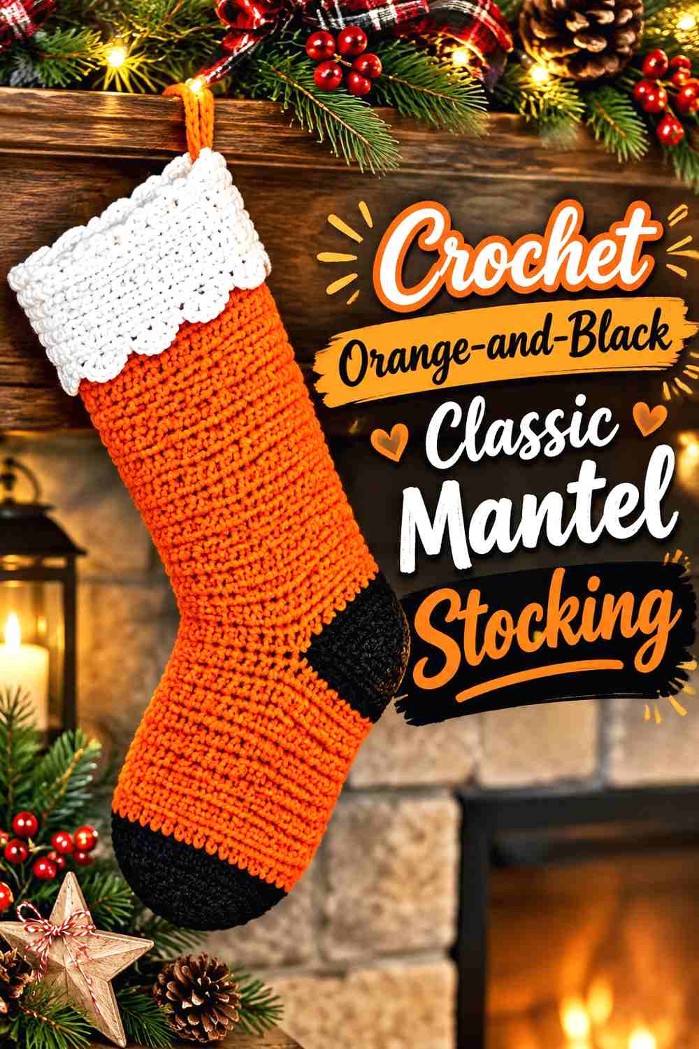 2. Crochet Orange-and-Black Classic Mantel Stocking