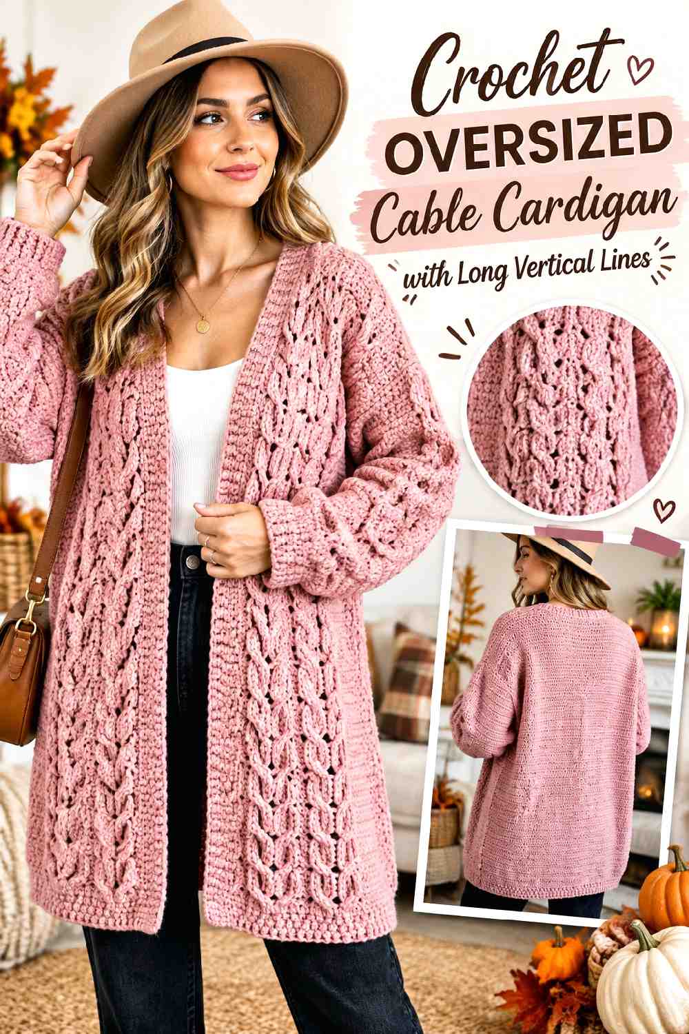 12. Crochet Oversized Cable Cardigan With Long Vertical Lines