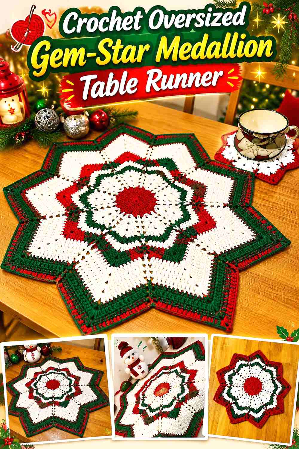 4. Crochet Oversized Gem-Star Medallion Table Runner