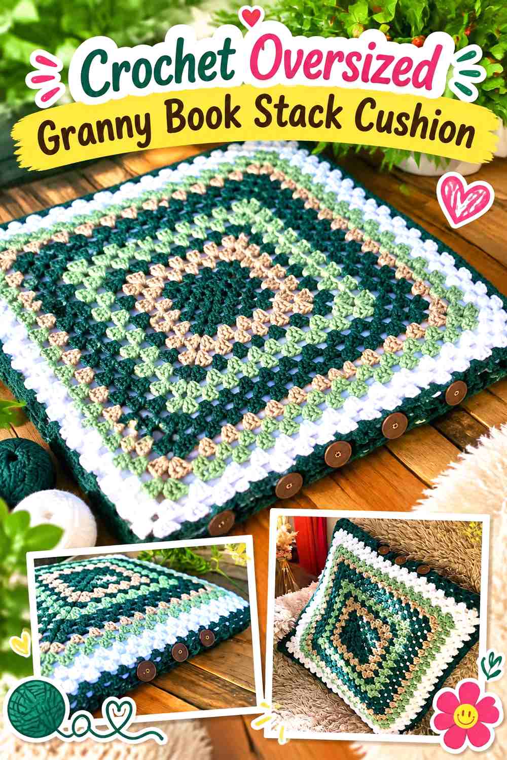 18. Crochet Oversized Granny Book Stack Cushion