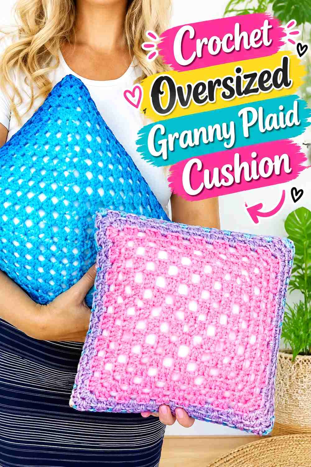 7. Crochet Oversized Granny Plaid Cushion