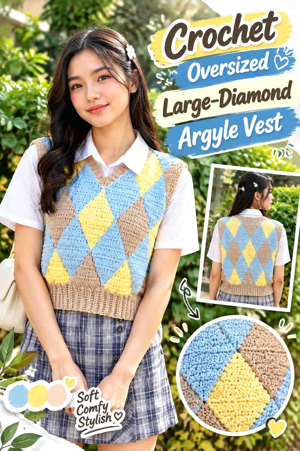 2. Crochet Oversized Large Diamond Argyle Vest