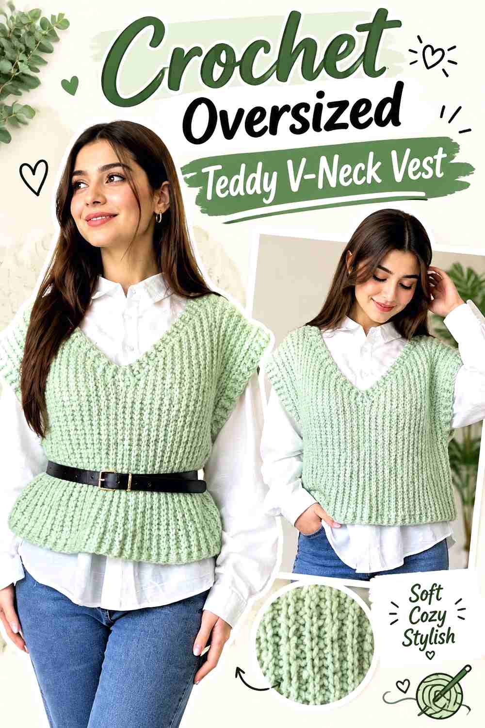 6. Crochet Oversized Teddy V-Neck Vest