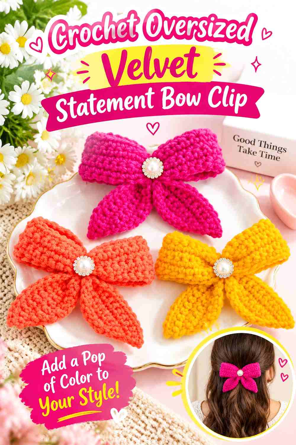 6. Crochet Oversized Velvet Statement Bow Clip