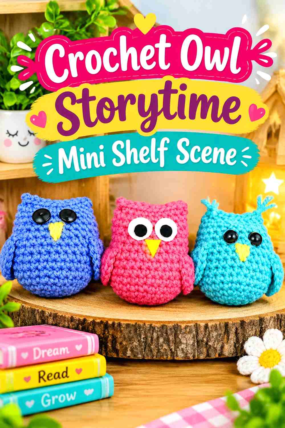 15. Crochet Owl Storytime Mini Shelf Scene