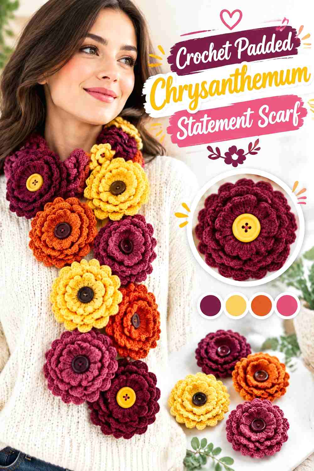 10. Crochet Padded Chrysanthemum Statement Scarf