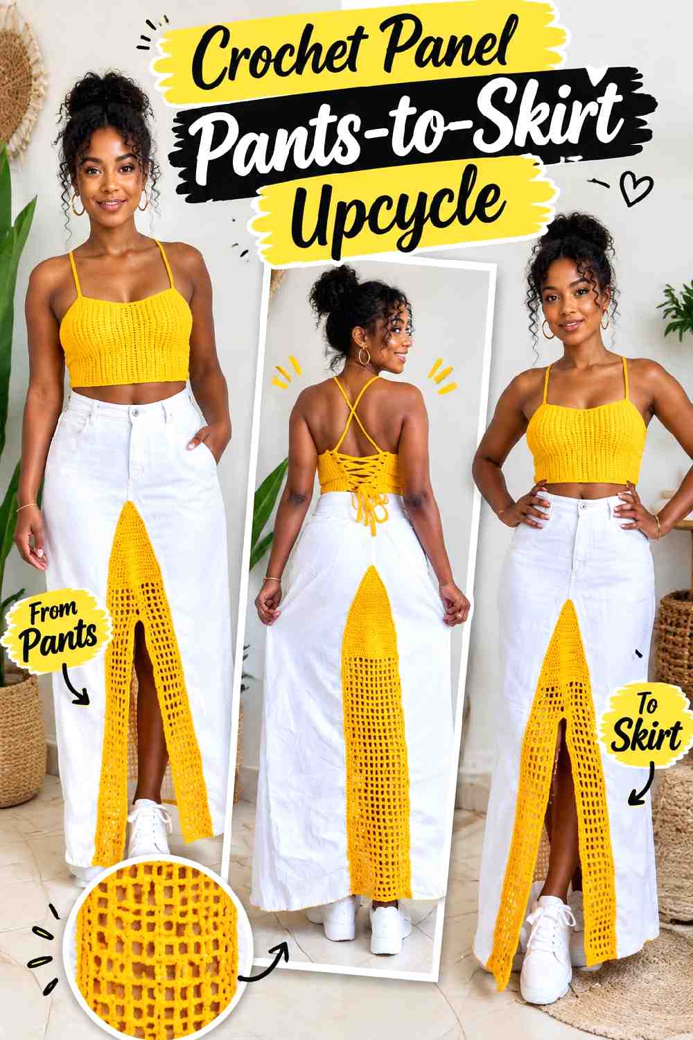 16. Crochet Panel Pants To Skirt Upcycle