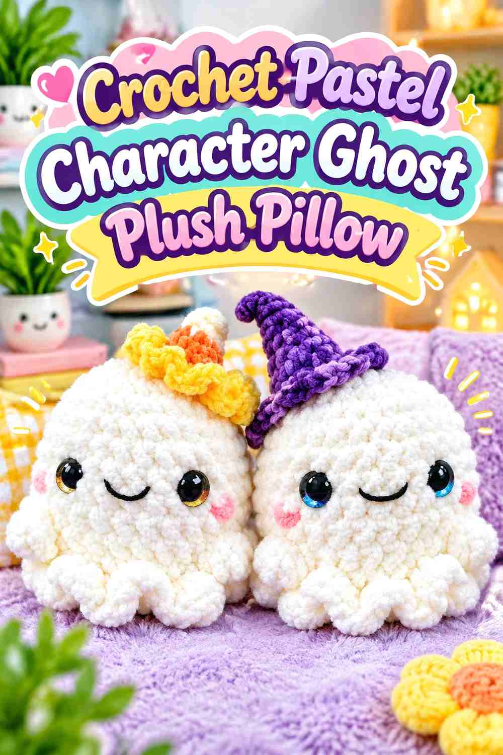 14. Crochet Pastel Character Ghost Plush Pillow