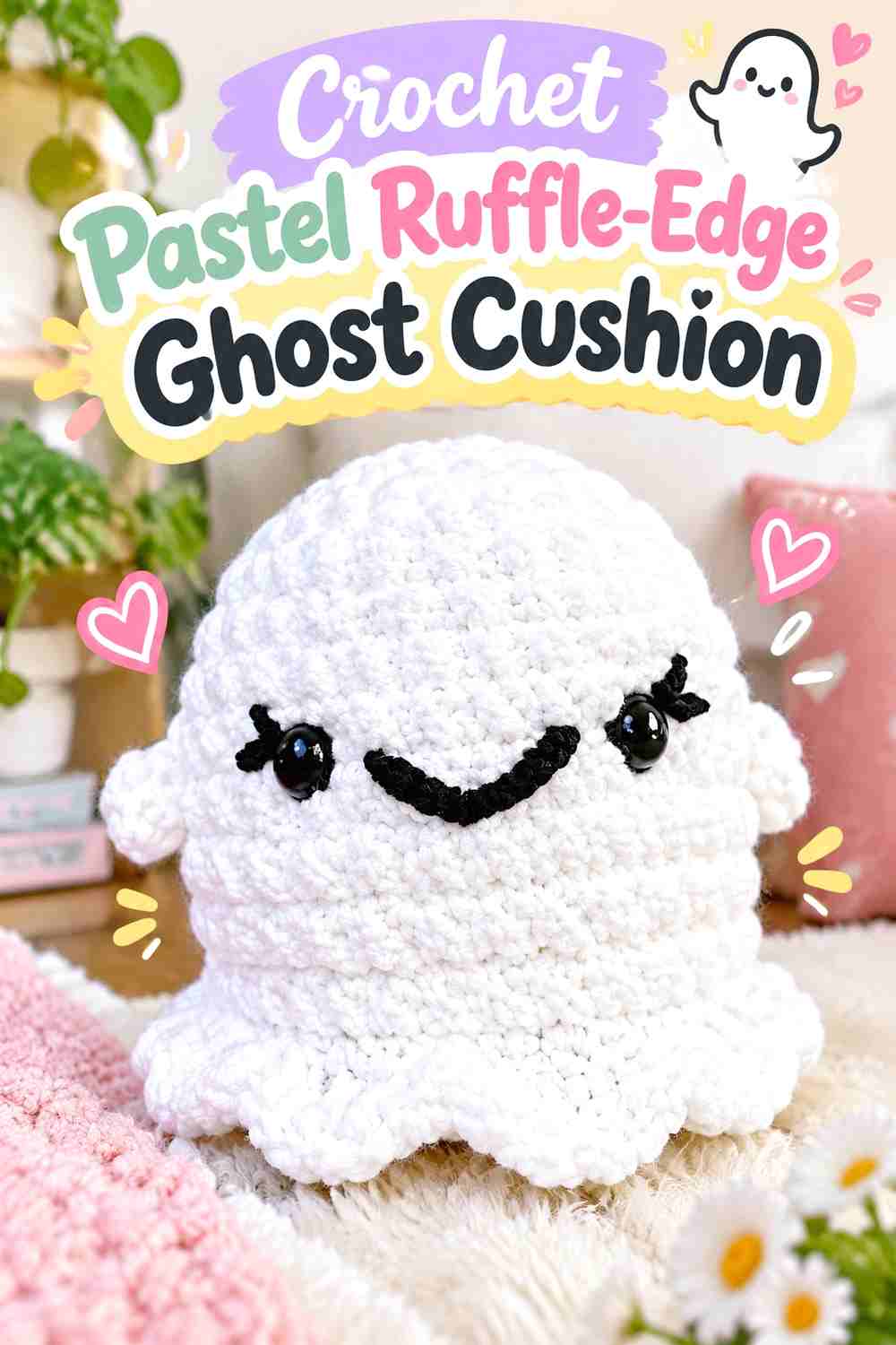 9. Crochet Pastel Ruffle-Edge Ghost Cushion