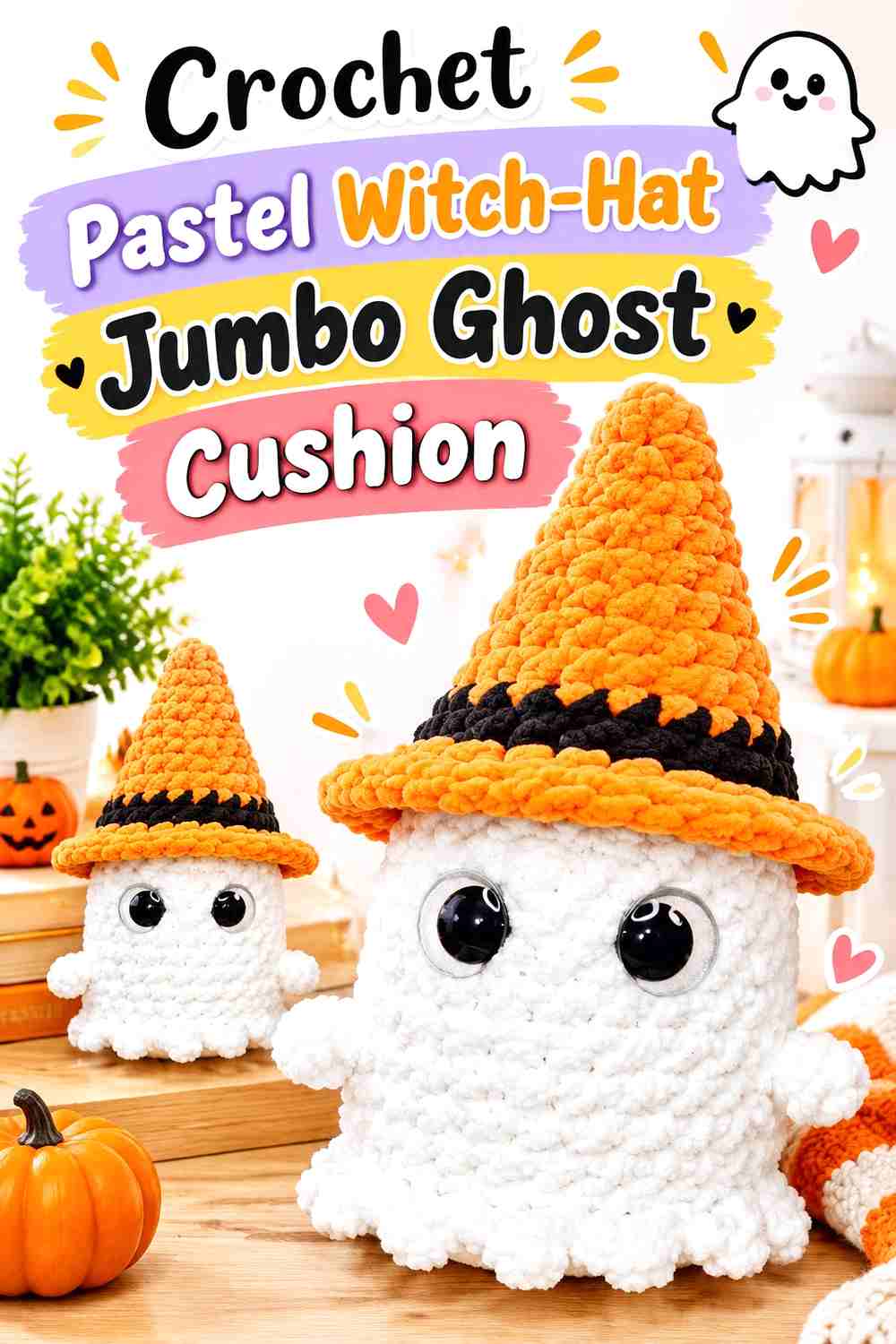 6. Crochet Pastel Witch-Hat Jumbo Ghost Cushion