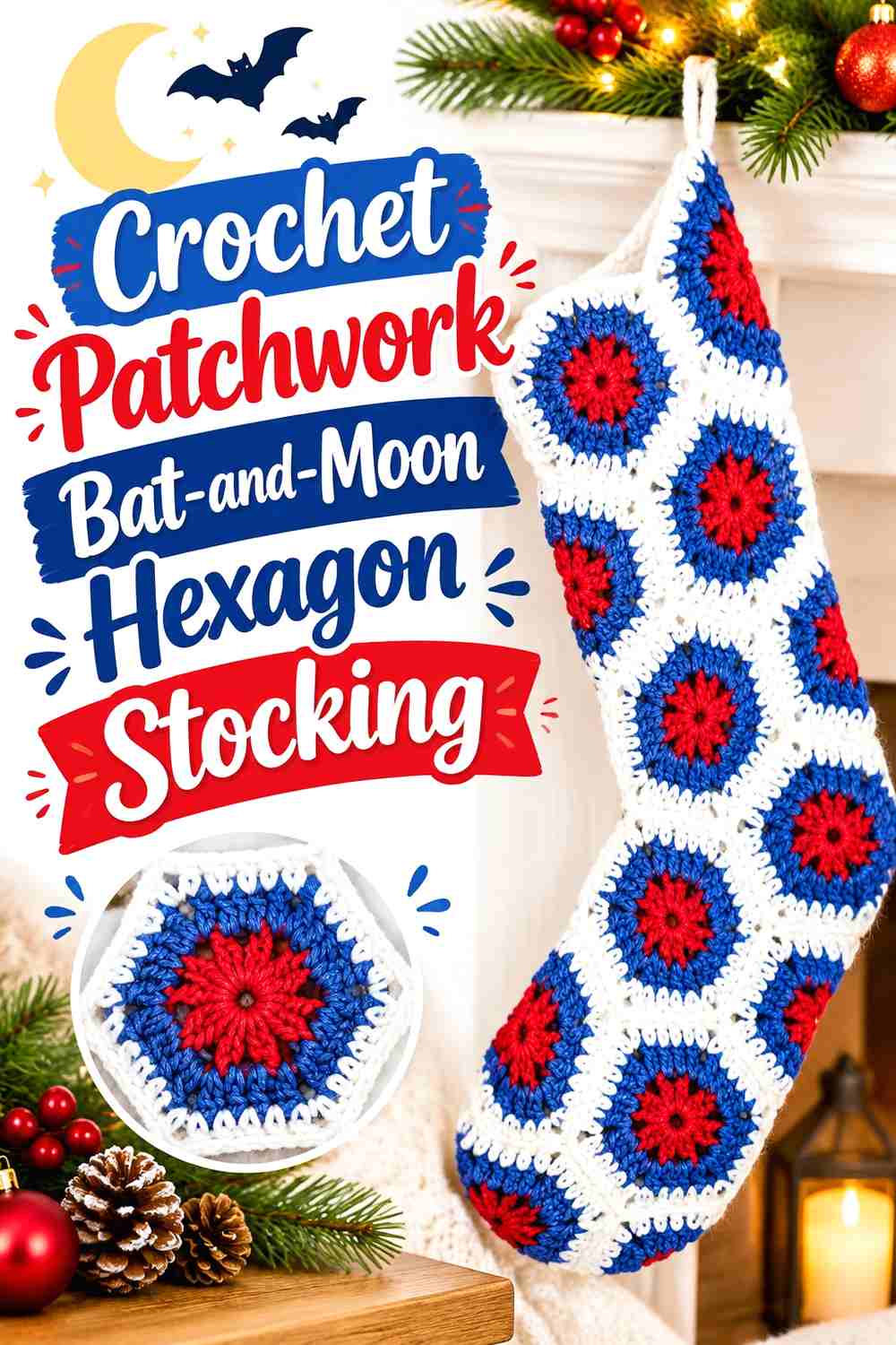 11. Crochet Patchwork Bat-and-Moon Hexagon Stocking