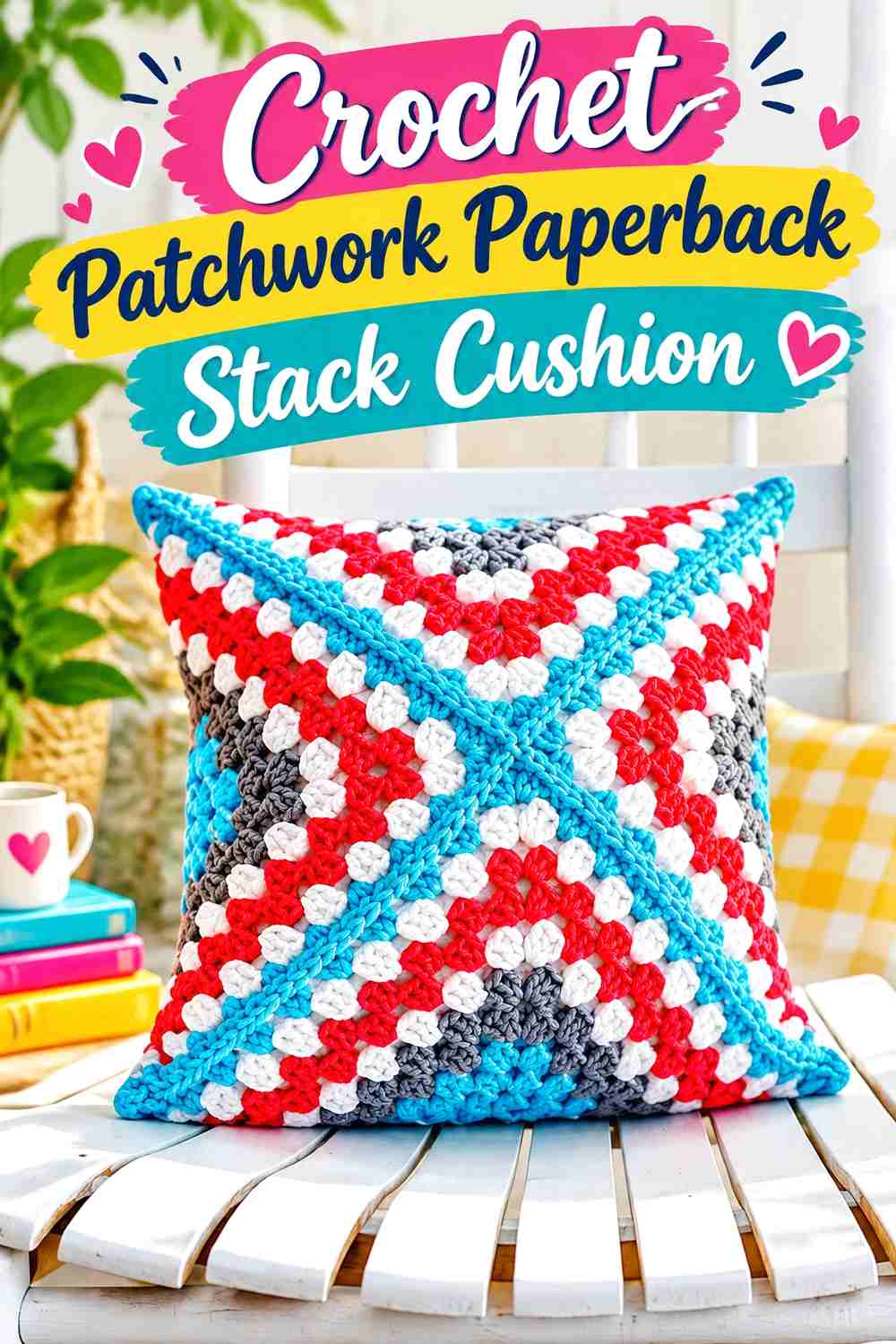 6. Crochet Patchwork Paperback Stack Cushion