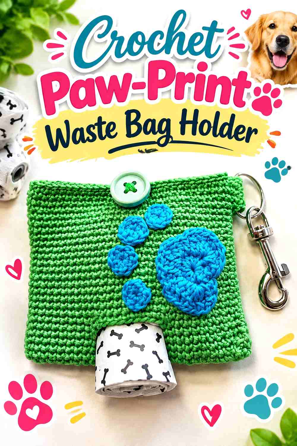 9. Crochet Paw-Print Waste Bag Holder