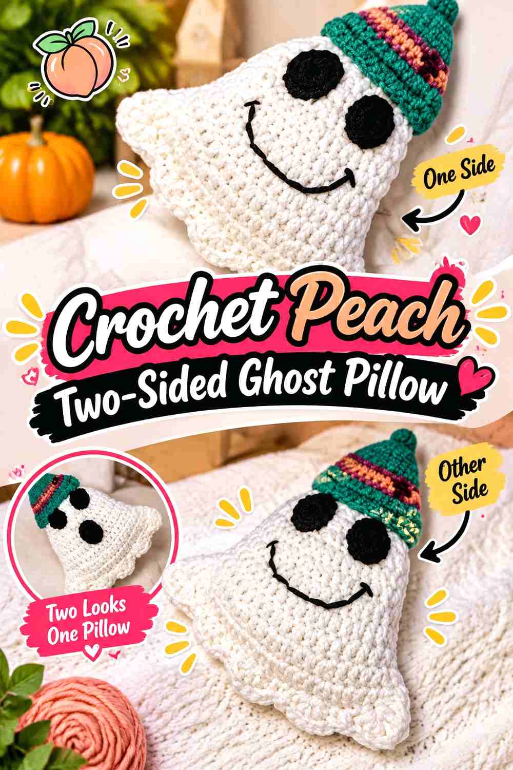 4. Crochet Peach Two-Sided Ghost Pillow