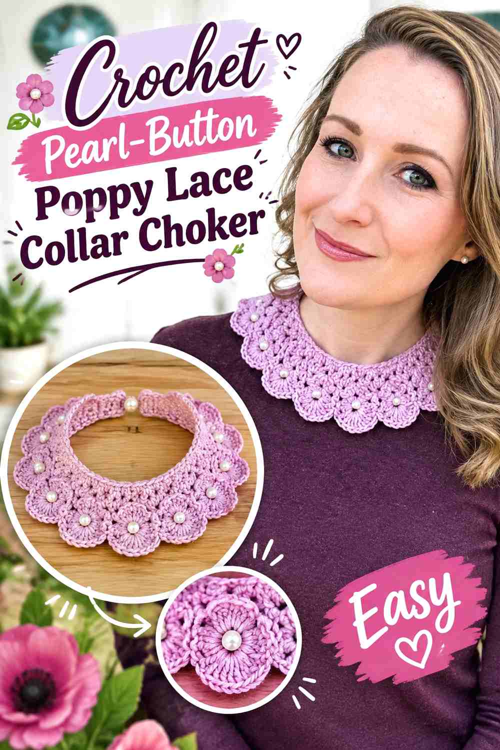 19. Crochet Pearl Button Poppy Lace Collar Choker