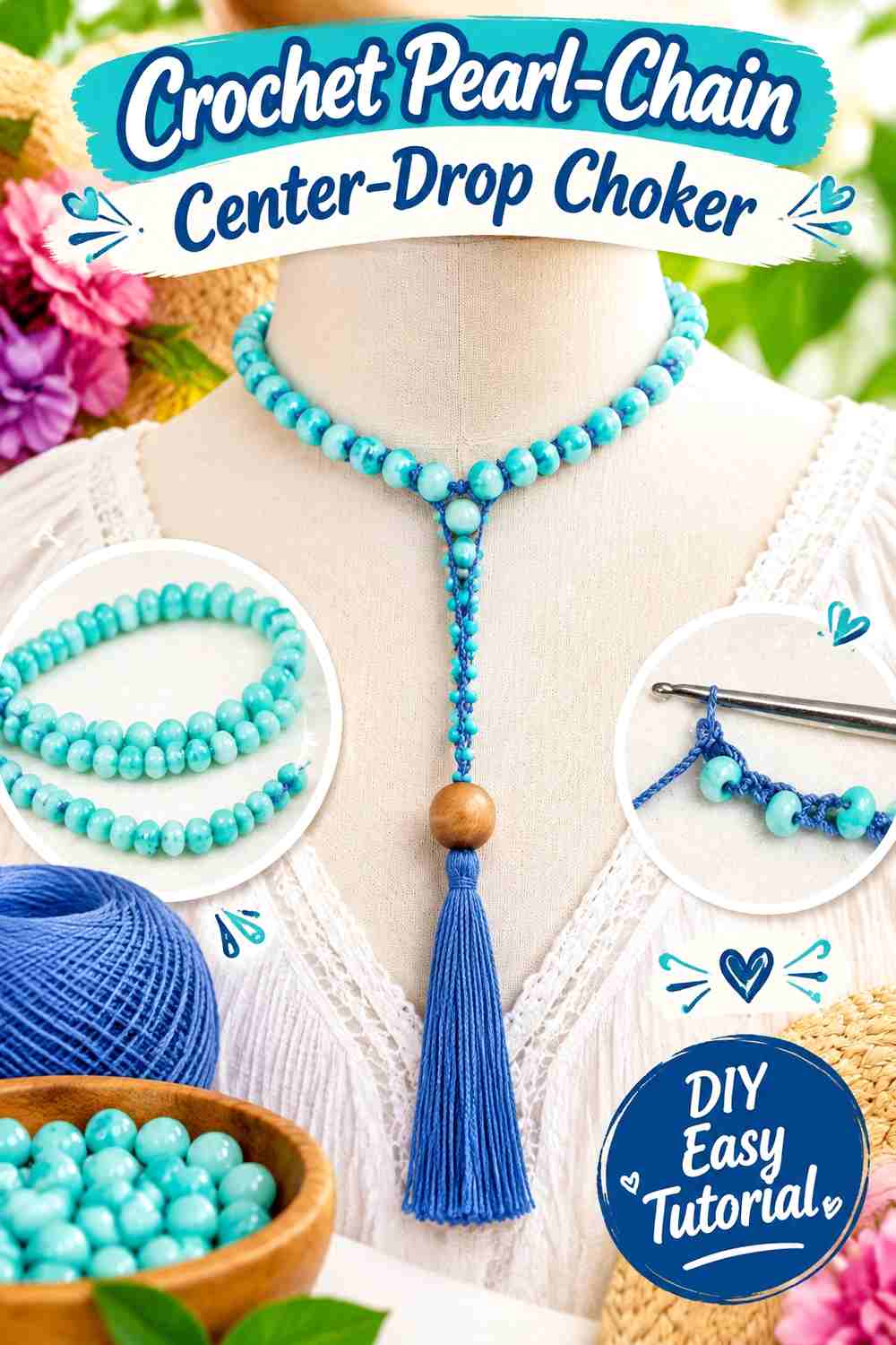 12. Crochet Pearl Chain Center Drop Choker