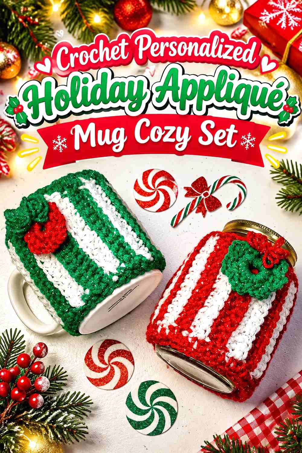 6. Crochet Personalized Holiday Appliqué Mug Cozy Set