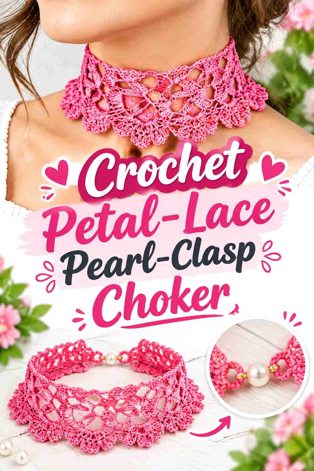 13. Crochet Petal Lace Pearl Clasp Choker
