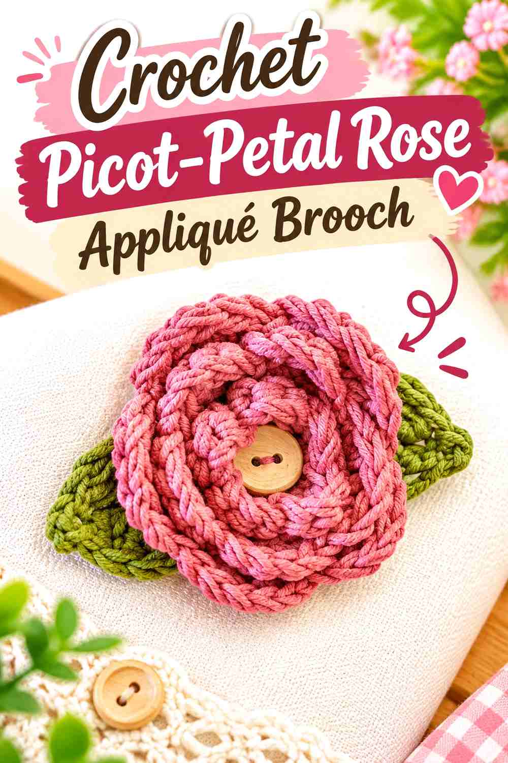 20. Crochet Picot-Petal Rose Appliqué Brooch