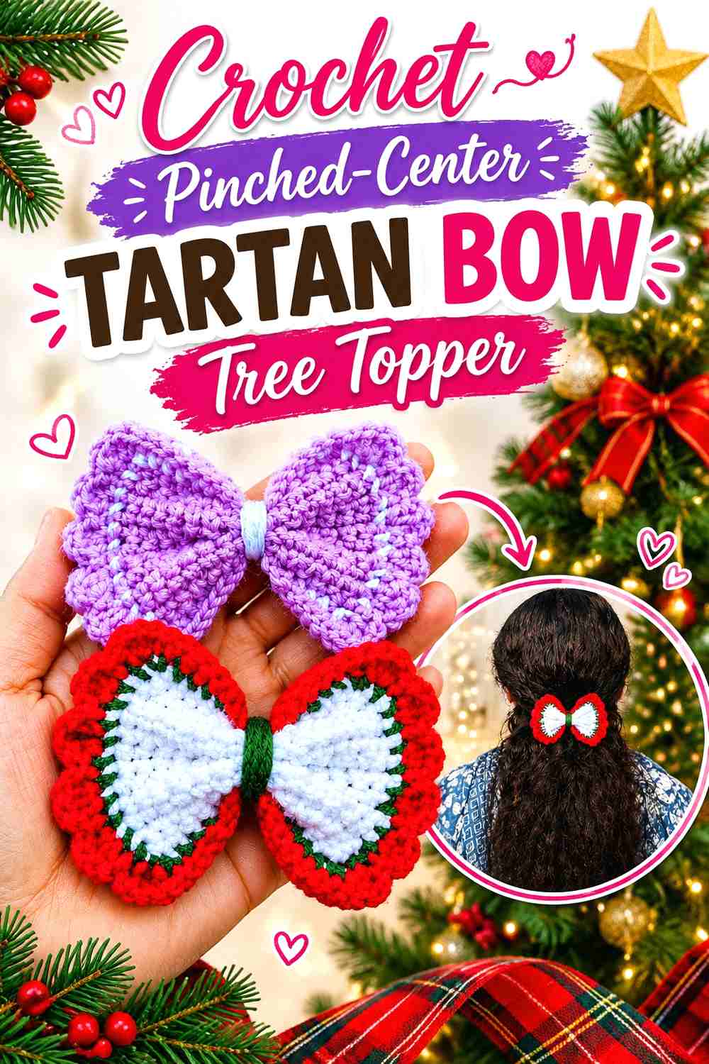 12. Crochet Pinched-Center Tartan Bow Tree Topper