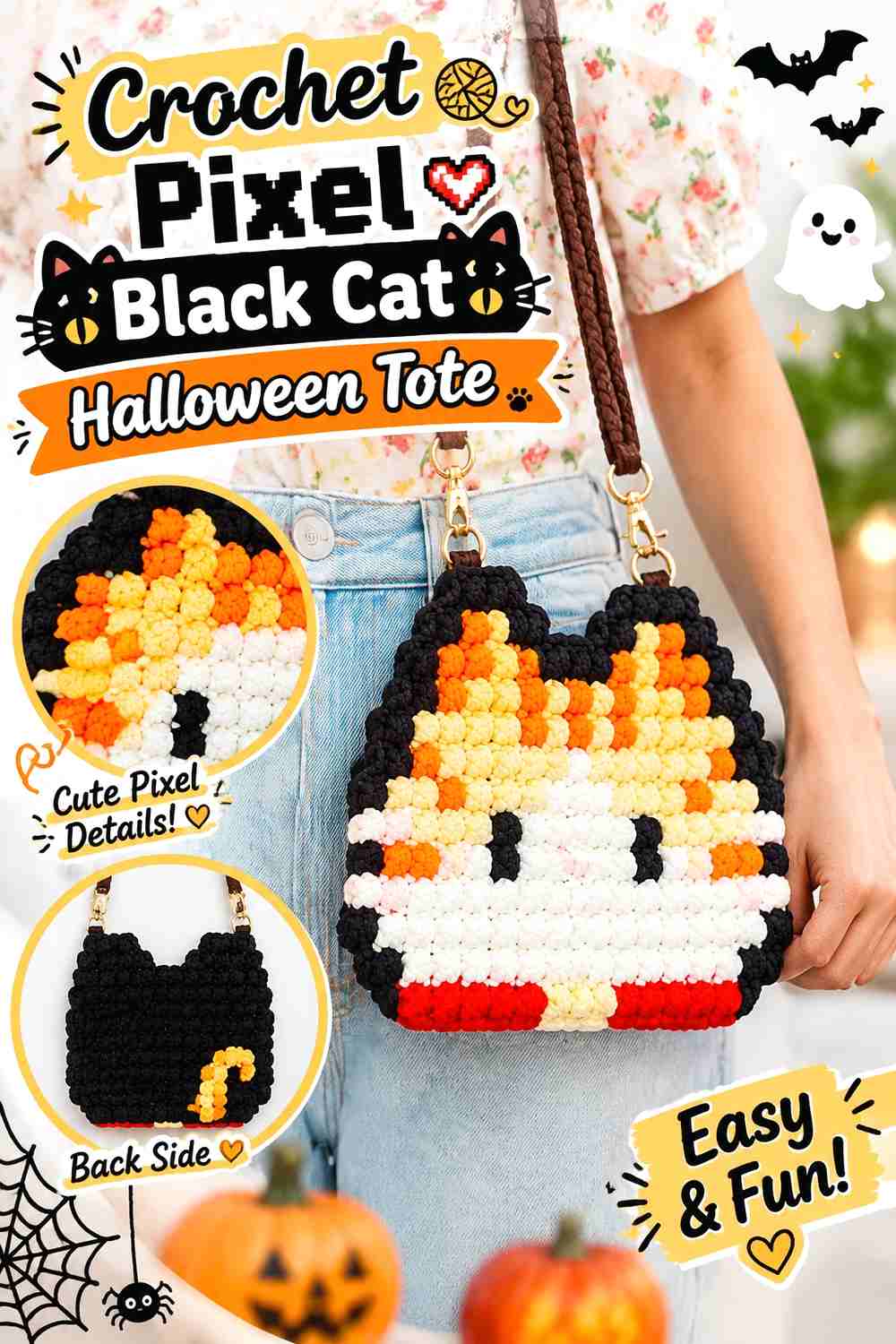 3. Crochet Pixel Black Cat Halloween Tote
