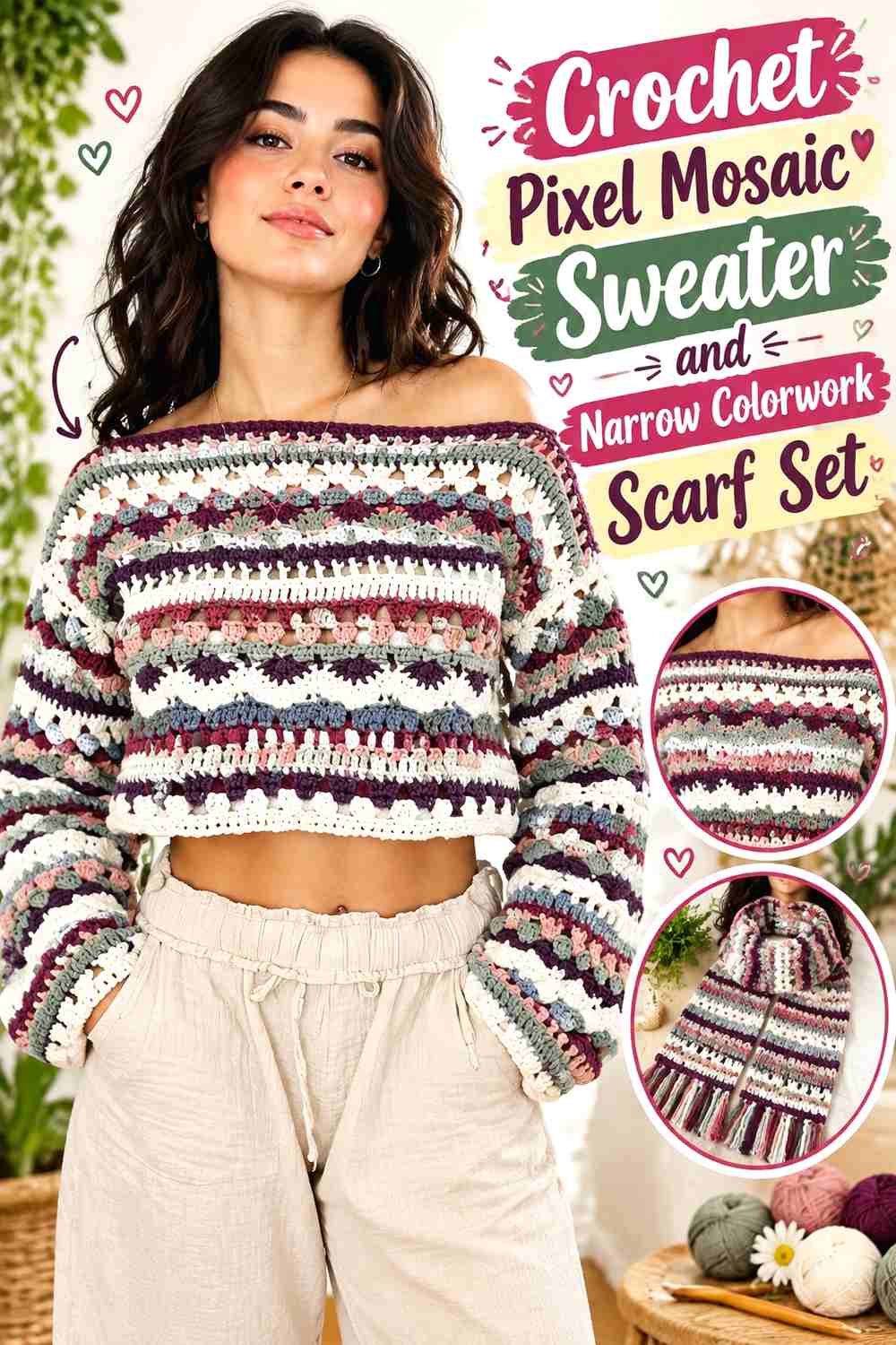 3. Crochet Pixel Mosaic Sweater and Narrow Colorwork Scarf Set