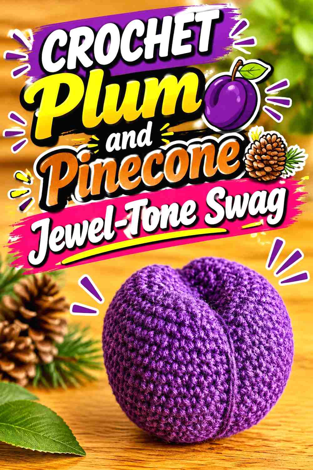 10. Crochet Plum and Pinecone Jewel-Tone Swag