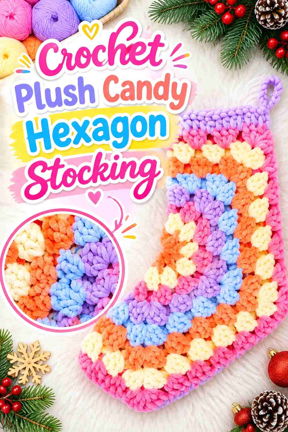 7. Crochet Plush Candy Hexagon Stocking