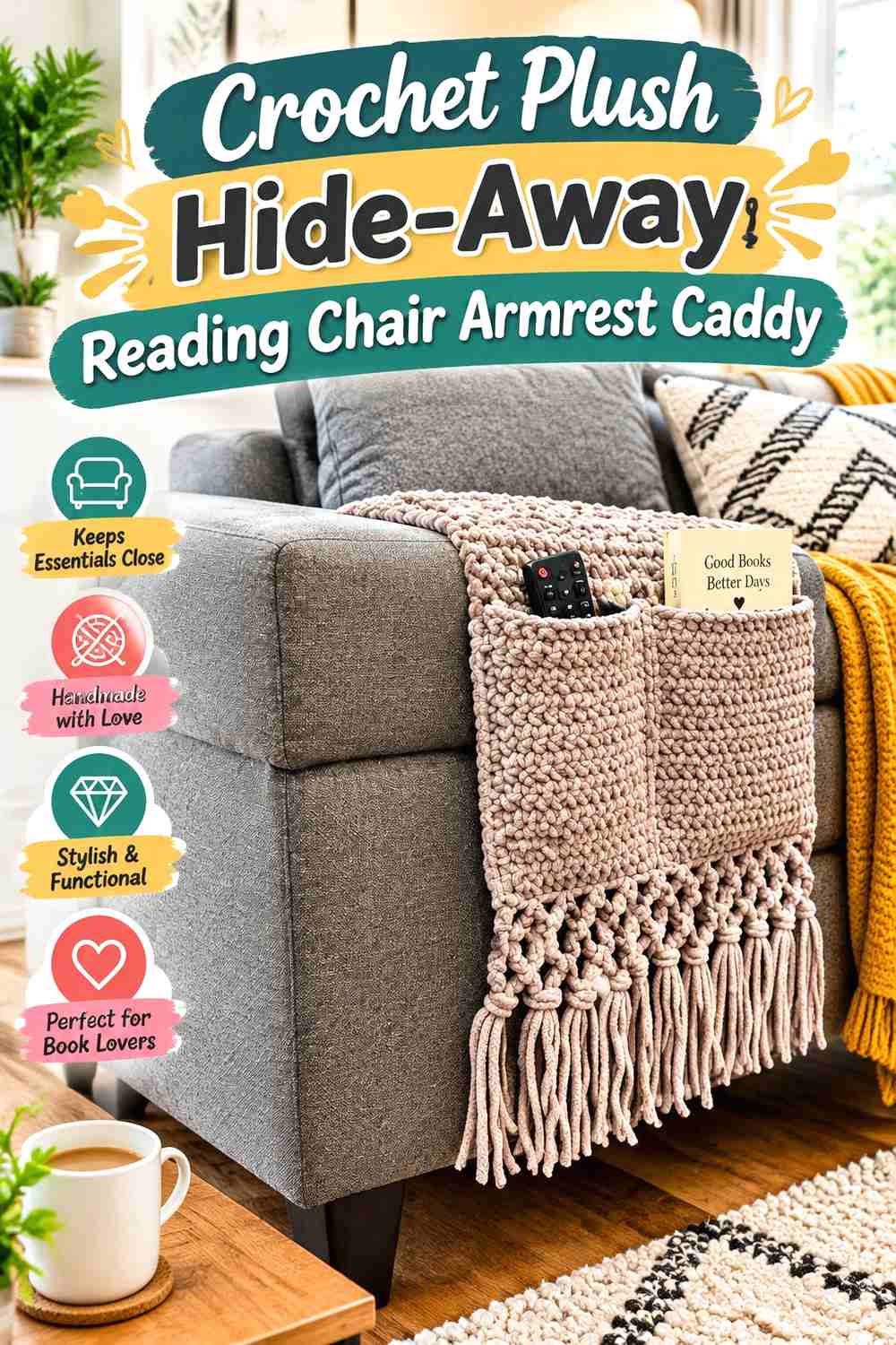 5. Crochet Plush Hide-Away Reading Chair Armrest Caddy