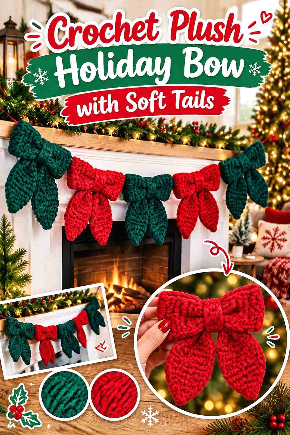 7. Crochet Plush Holiday Bow with Soft Tails