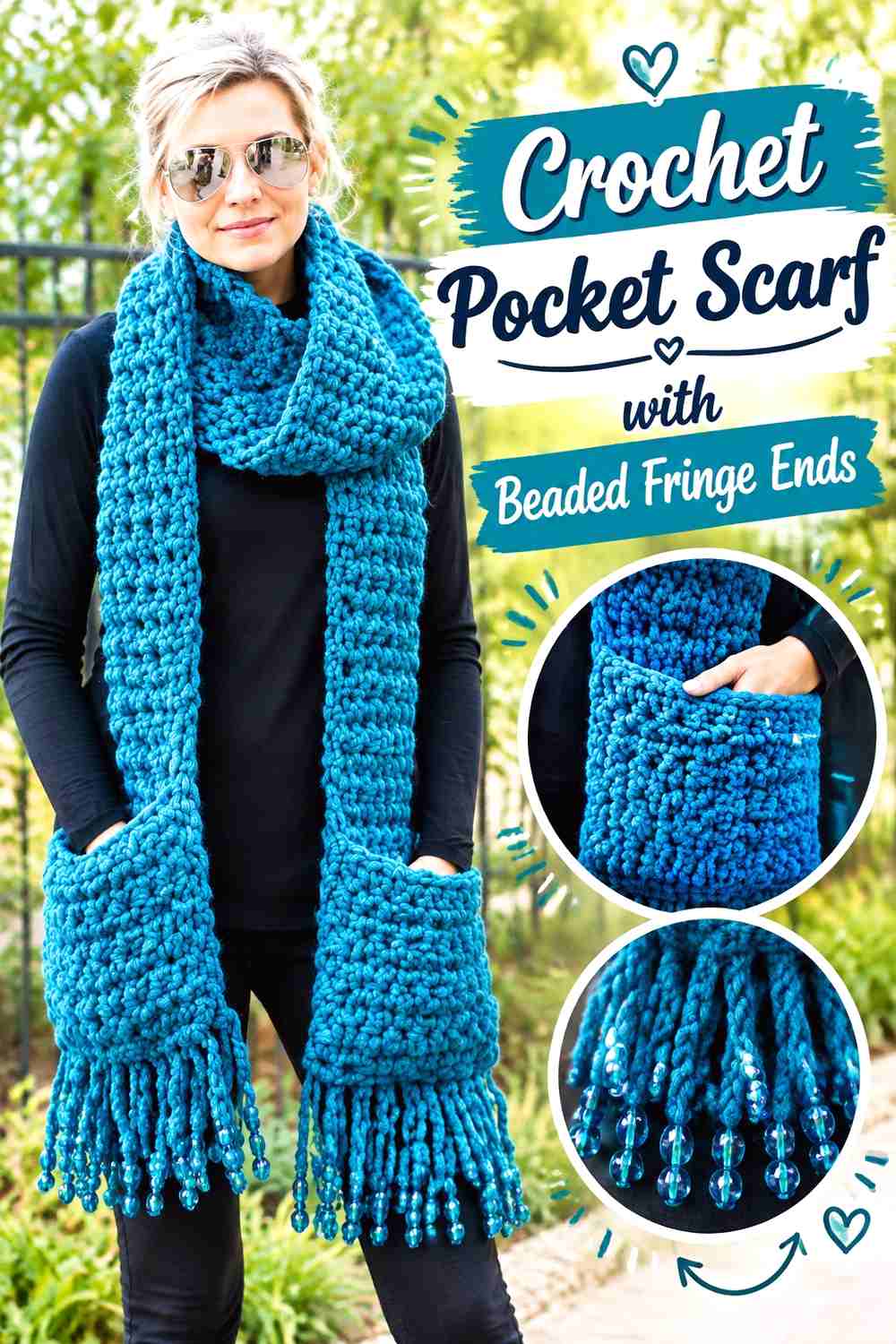 11. Crochet Pocket Scarf With Beaded Fringe Ends