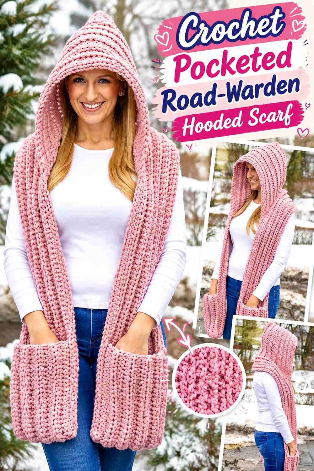 12. Crochet Pocketed Road-Warden Hooded Scarf