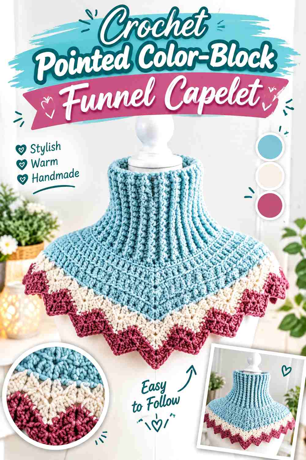 4. Crochet Pointed Color Block Funnel Capelet