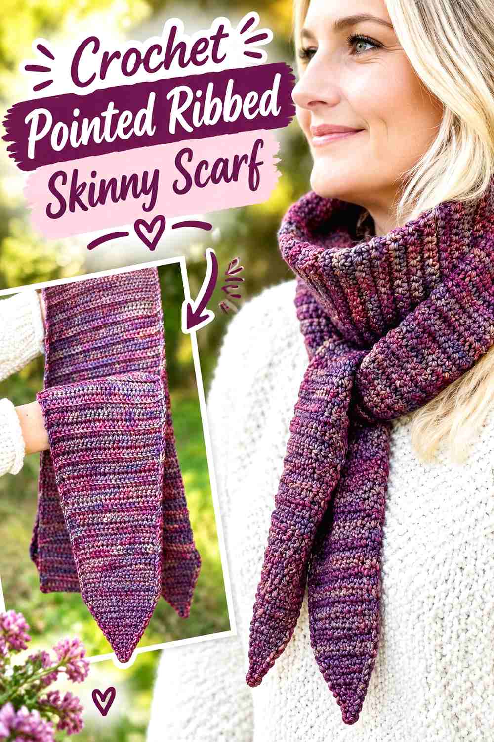 4. Crochet Pointed Ribbed Skinny Scarf