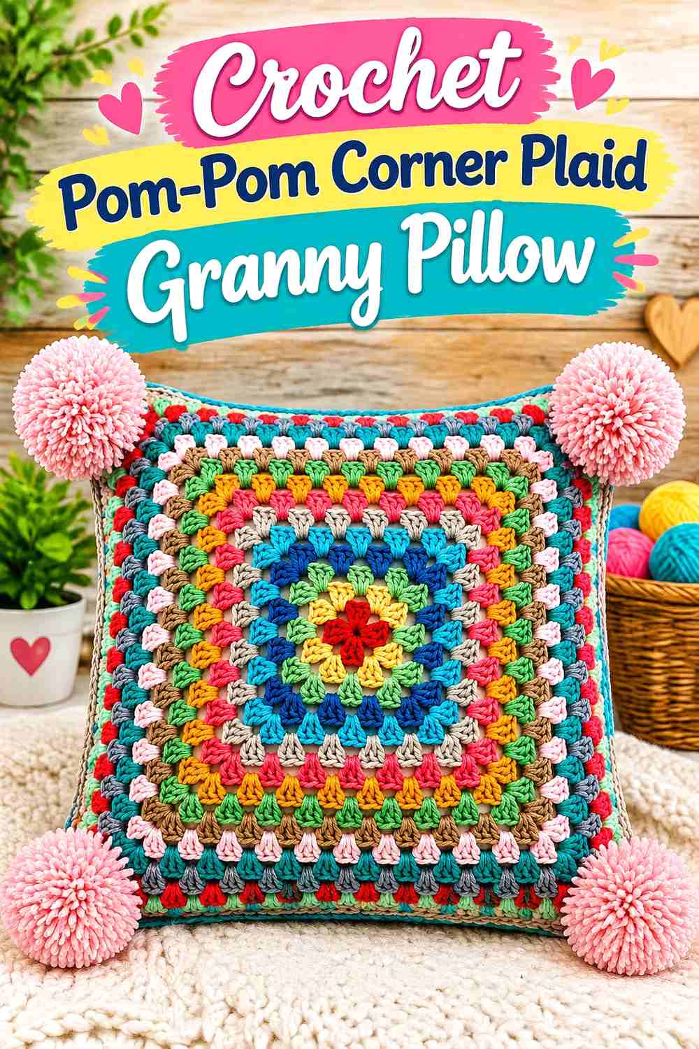 10. Crochet Pom-Pom Corner Plaid Granny Pillow