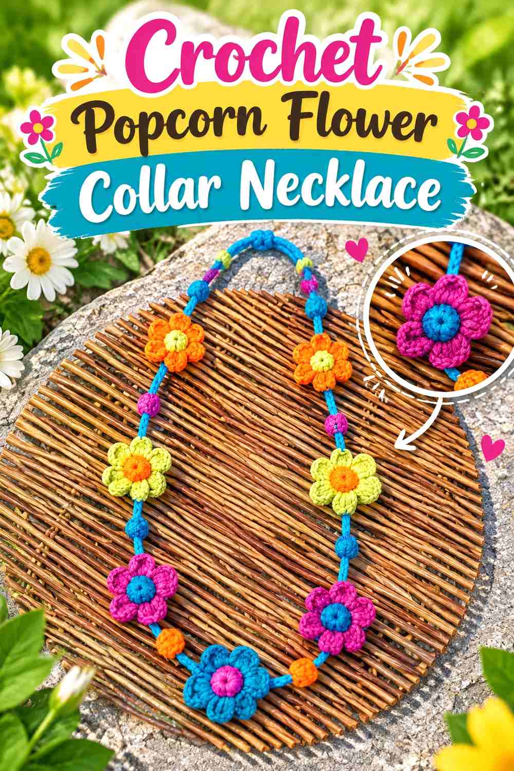 12. Crochet Popcorn Flower Collar Necklace