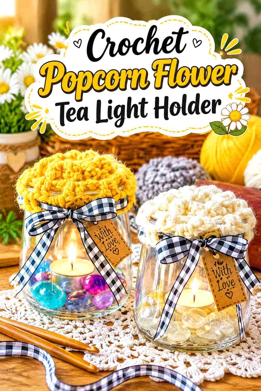 8. Crochet Popcorn Flower Tea Light Holder