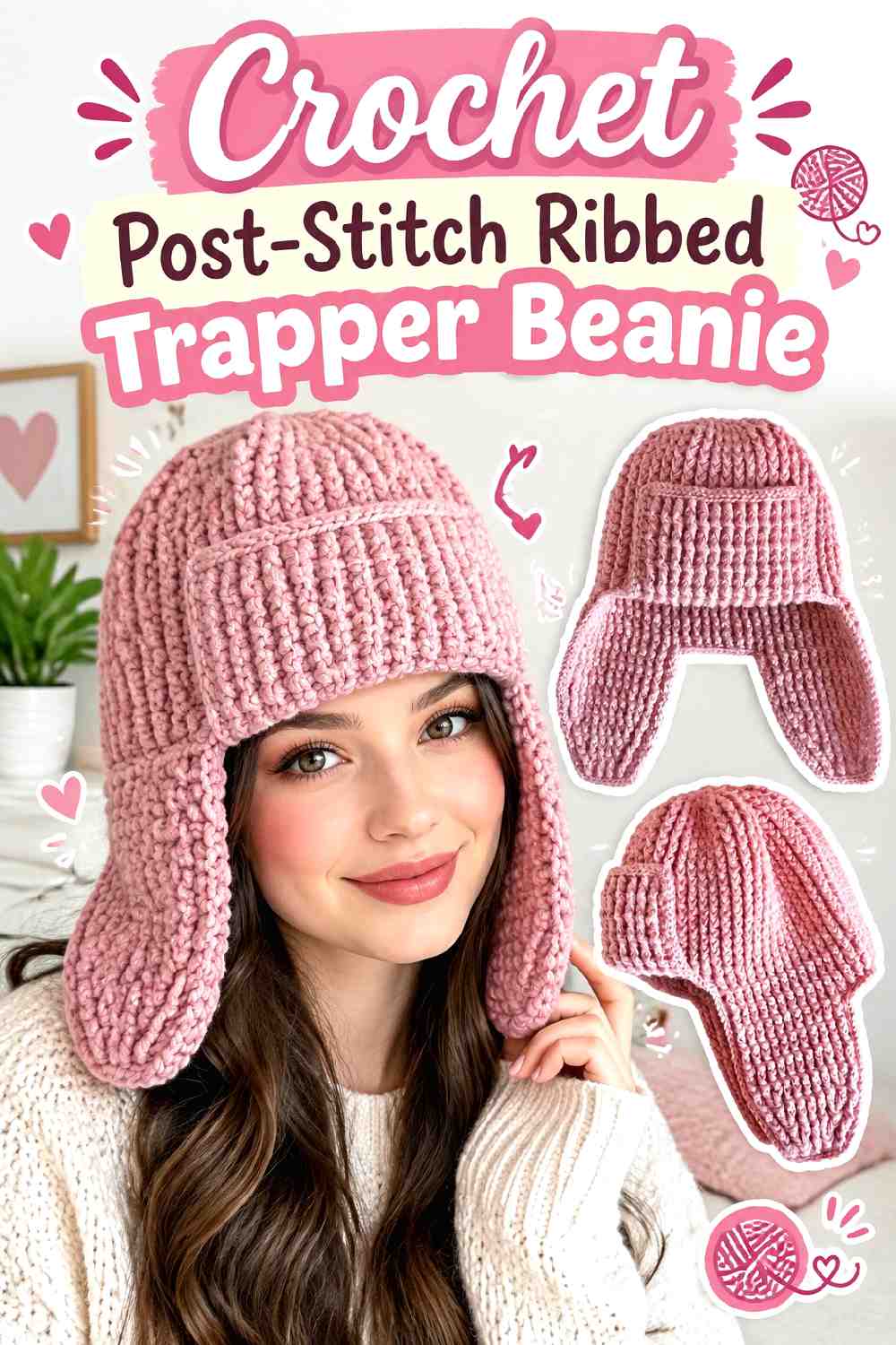 6. Crochet Post Stitch Ribbed Trapper Beanie