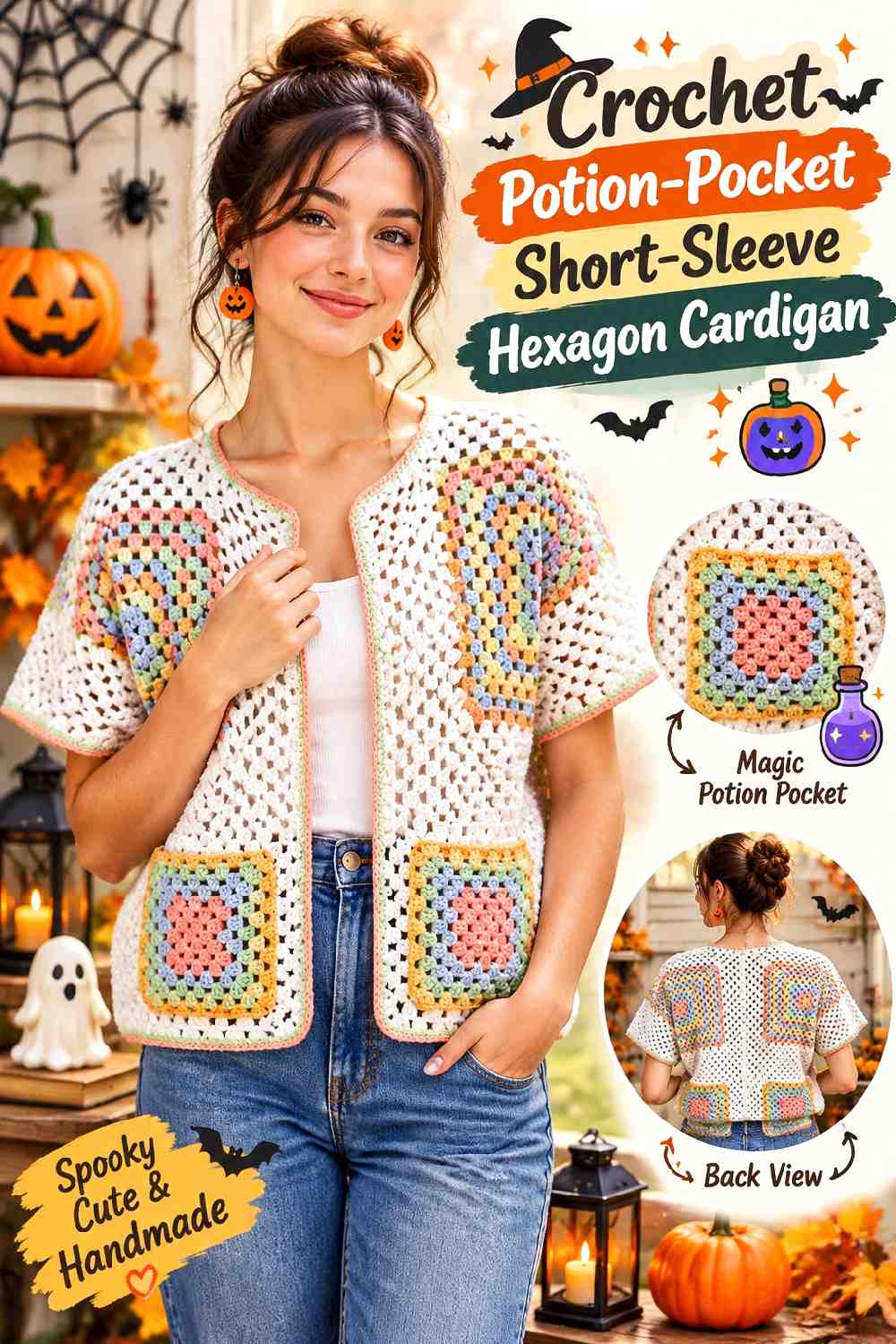 Crochet Potion Pocket Short Sleeve Hexagon Cardigan