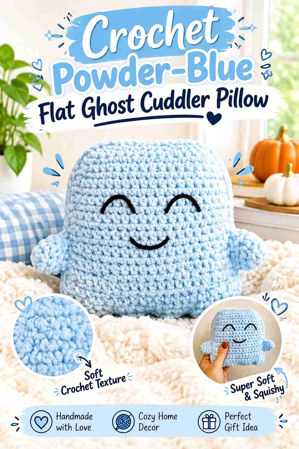 7. Crochet Powder-Blue Flat Ghost Cuddler Pillow