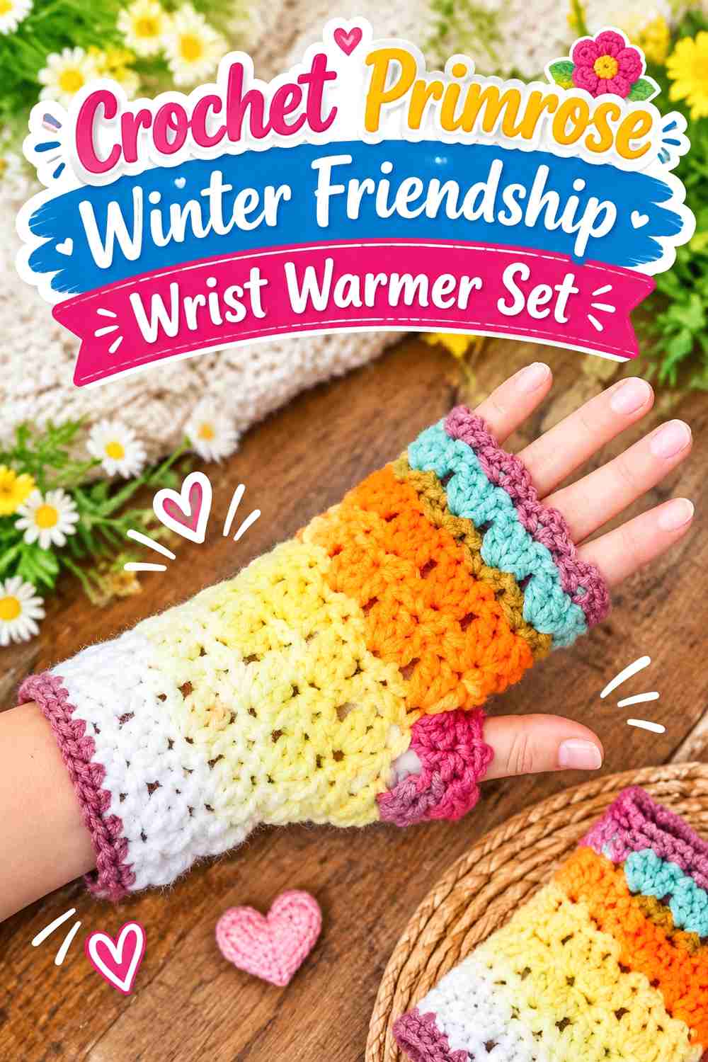 10. Crochet Primrose Winter Friendship Wrist Warmer Set