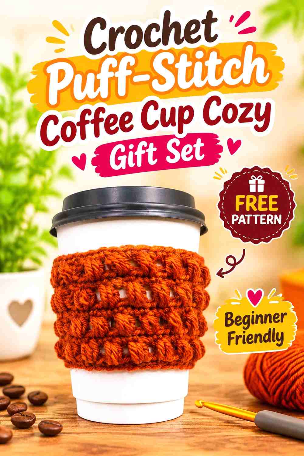 14. Crochet Puff-Stitch Coffee Cup Cozy Gift Set