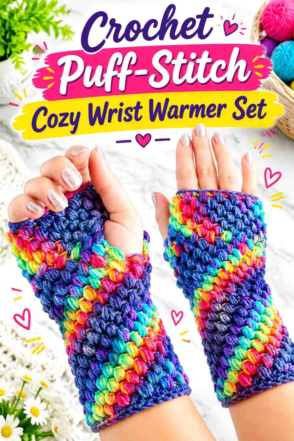 8. Crochet Puff-Stitch Cozy Wrist Warmer Set